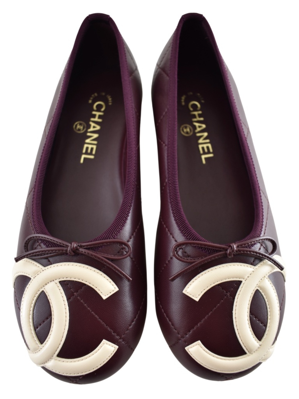 Chanel 26M Coco Beach Cambon Burgundy Red Ivory CC XL Ballet Ballerina Flat 36